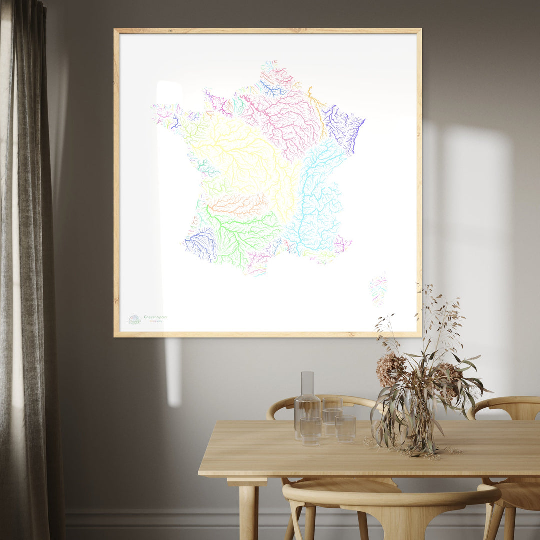 Francia - Mapa de la cuenca hidrográfica, pastel sobre blanco - Impresión de Bellas Artes