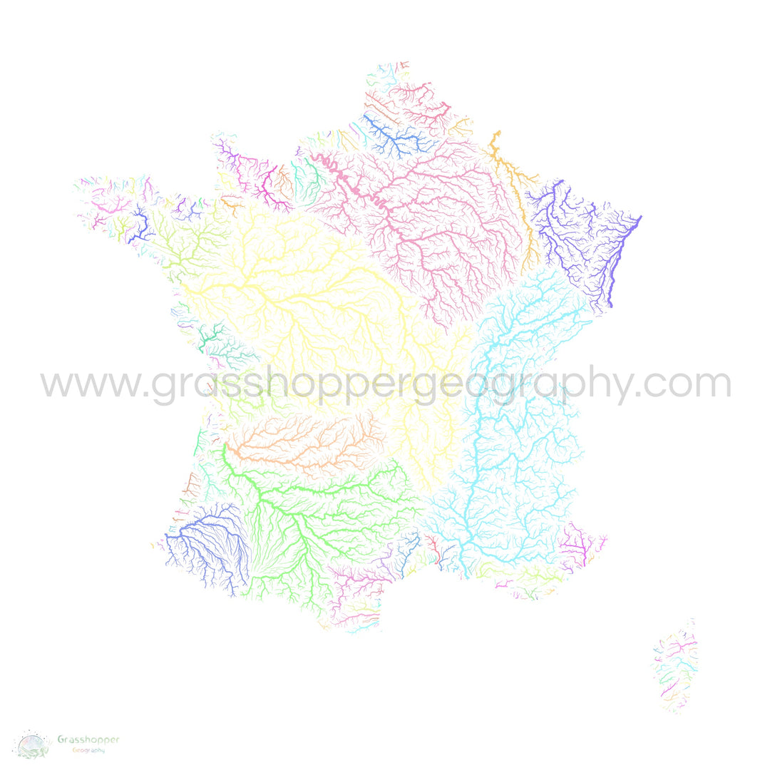 France - Carte des bassins fluviaux, pastel sur blanc - Fine Art Print