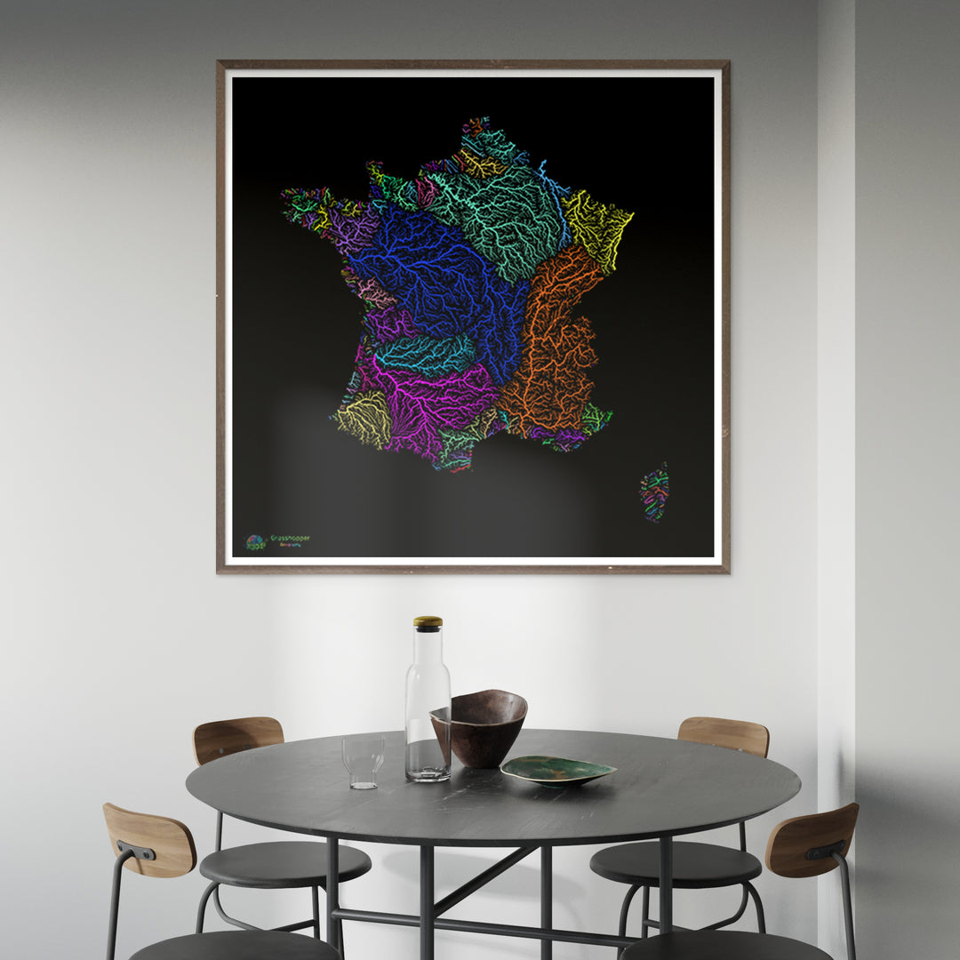 Francia - Mapa de la cuenca fluvial, arco iris sobre negro - Impresión de Bellas Artes