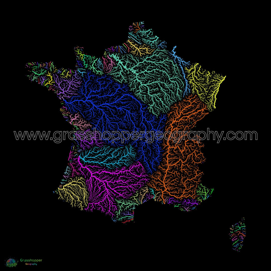 Francia - Mapa de la cuenca fluvial, arco iris sobre negro - Impresión de Bellas Artes