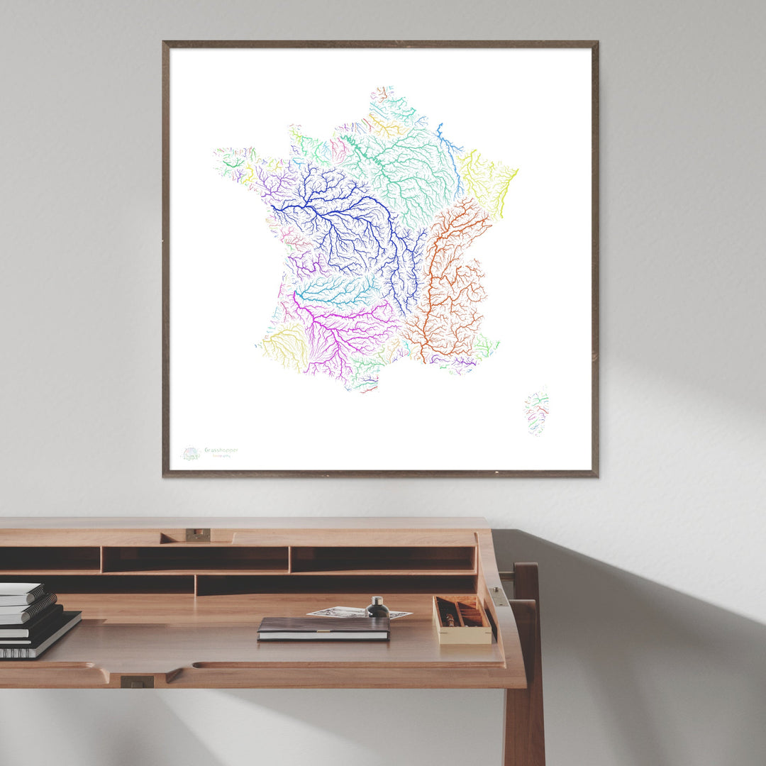 France - Carte des bassins fluviaux, arc-en-ciel sur blanc - Fine Art Print
