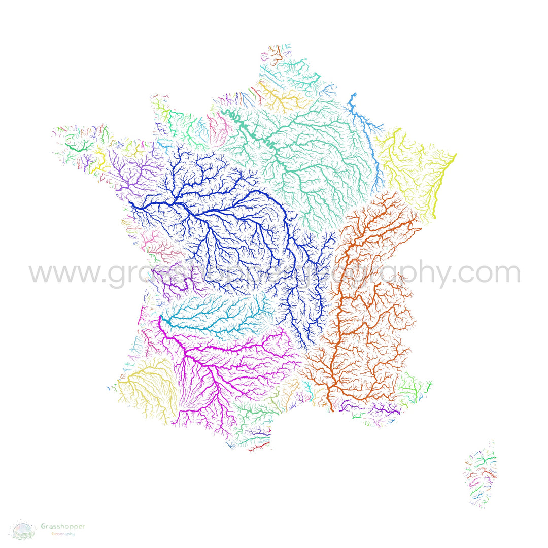 France - Carte des bassins fluviaux, arc-en-ciel sur blanc - Fine Art Print