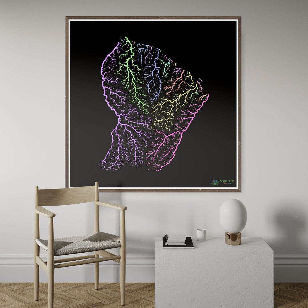 River basin map of French Guiana, pastel colours on black - Fine Art Print