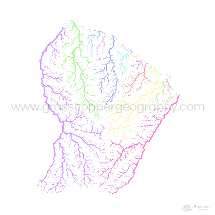 Guyane française - Carte des bassins fluviaux, pastel sur blanc - Fine Art Print
