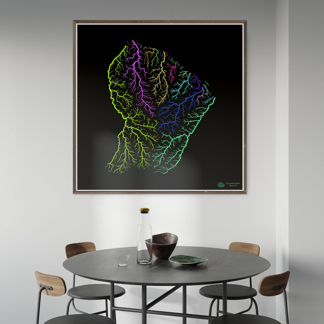 Guiana Francesa - Mapa da bacia hidrográfica, arco-íris em preto - Impressão de belas artes