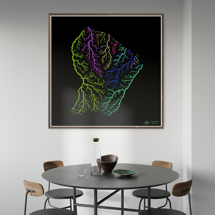 Guiana Francesa - Mapa da bacia hidrográfica, arco-íris em preto - Impressão de belas artes
