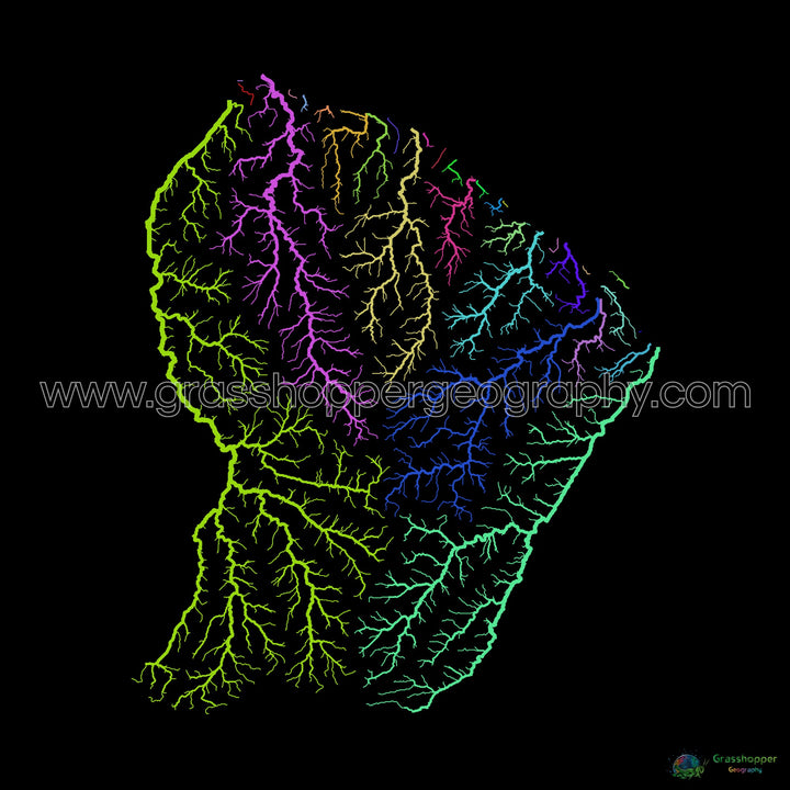 River basin map of French Guiana, rainbow colours on black - Fine Art Print