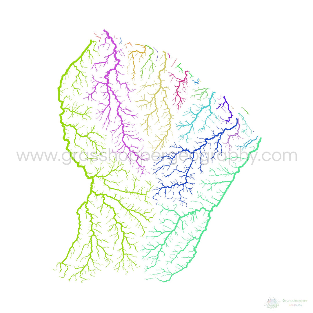 River basin map of French Guiana, rainbow colours on white - Fine Art Print
