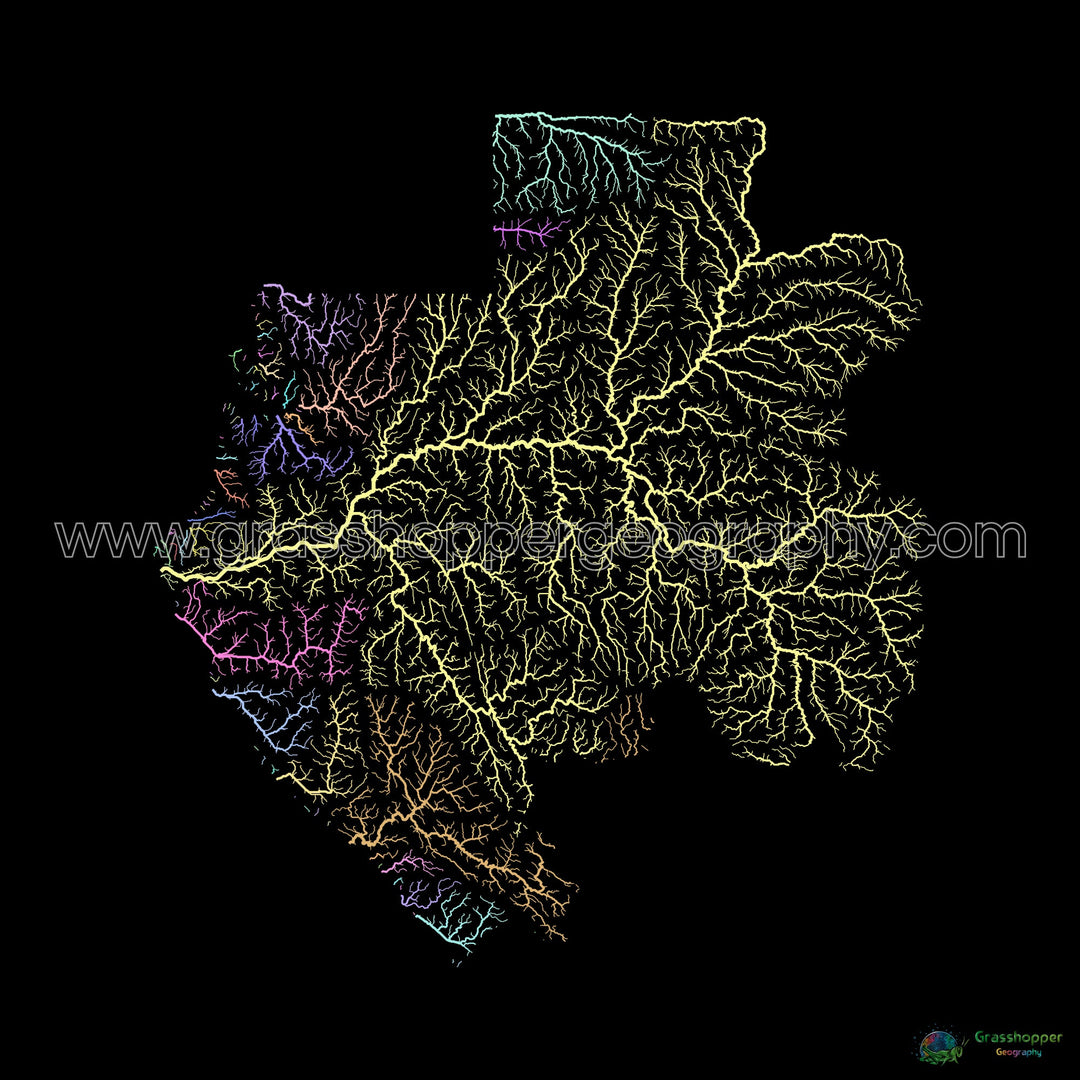 River basin map of Gabon, pastel colours on black - Fine Art Print