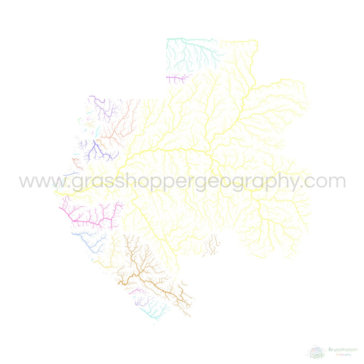 River basin map of Gabon, pastel colours on white - Fine Art Print