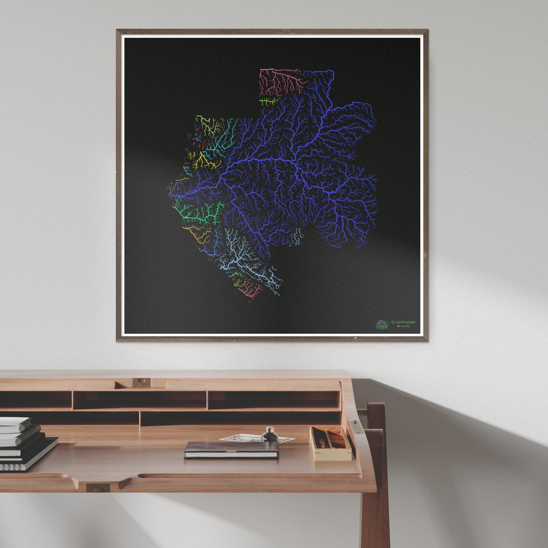 Gabon - Carte des bassins fluviaux, arc-en-ciel sur noir - Fine Art Print