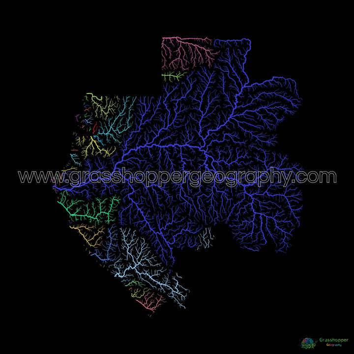 Gabón - Mapa de la cuenca fluvial, arco iris sobre negro - Impresión de Bellas Artes