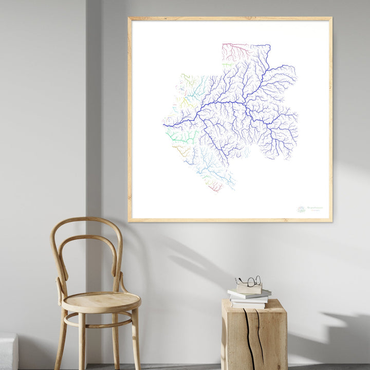 Gabão - Mapa da bacia hidrográfica, arco-íris em branco - Impressão de belas artes