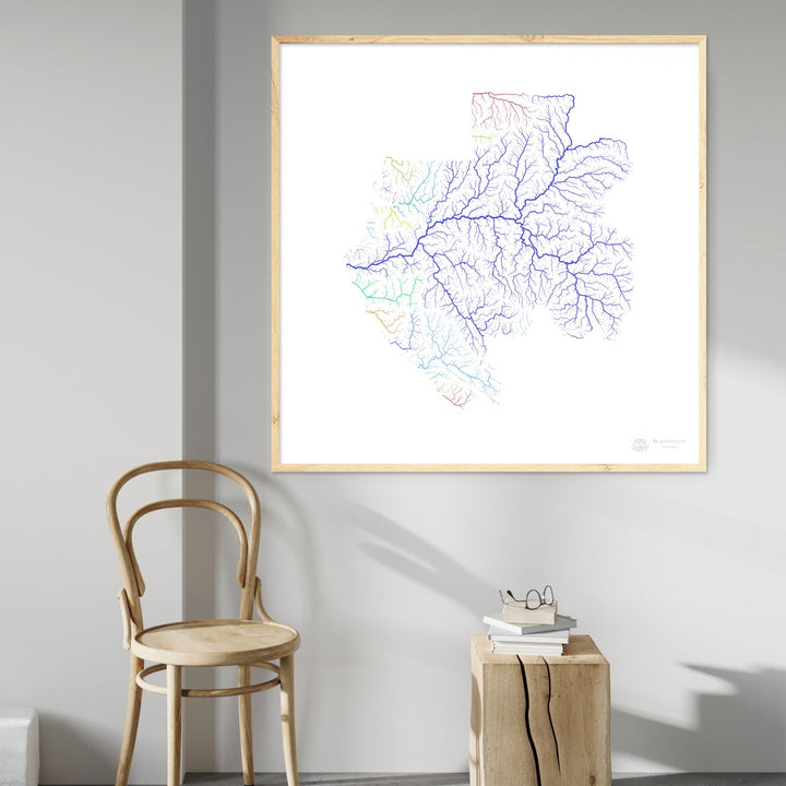 Gabon - Carte des bassins fluviaux, arc-en-ciel sur blanc - Fine Art Print