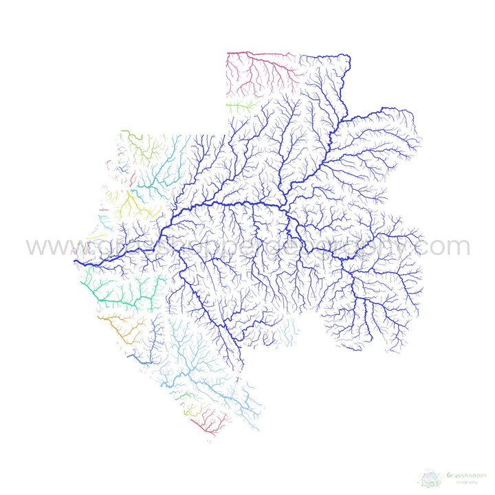 Gabón - Mapa de la cuenca fluvial, arco iris sobre blanco - Impresión de Bellas Artes