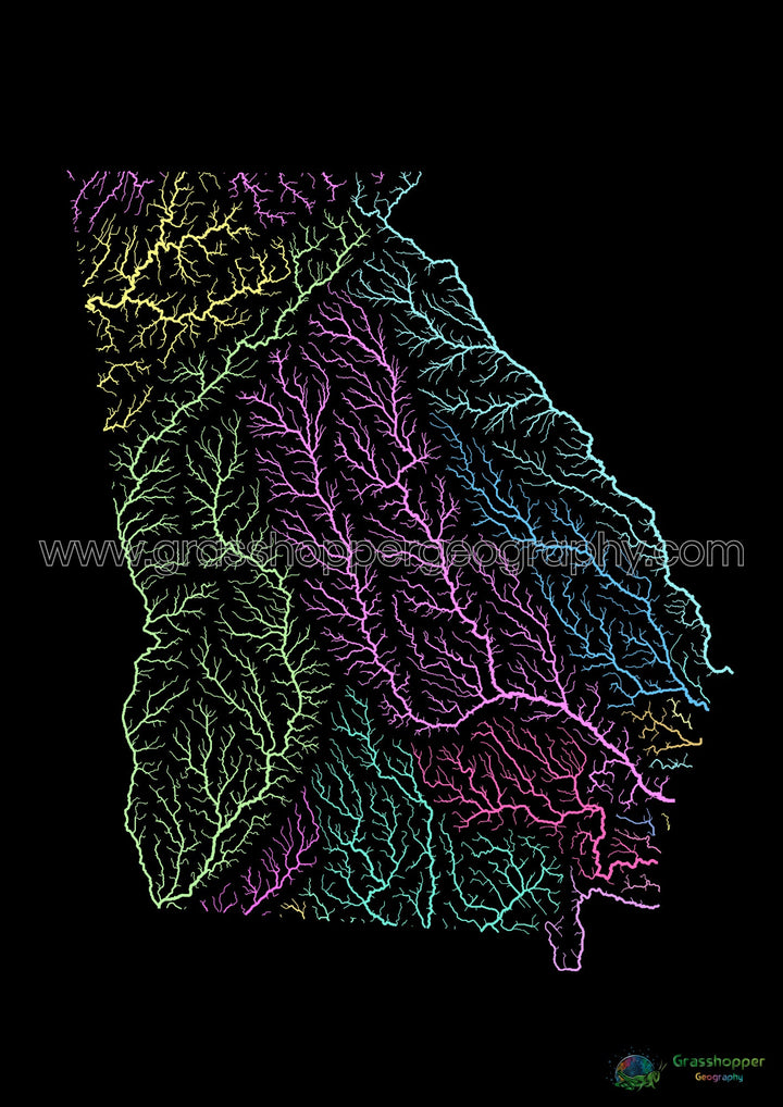 River basin map of Georgia, pastel colours on black - Fine Art Print