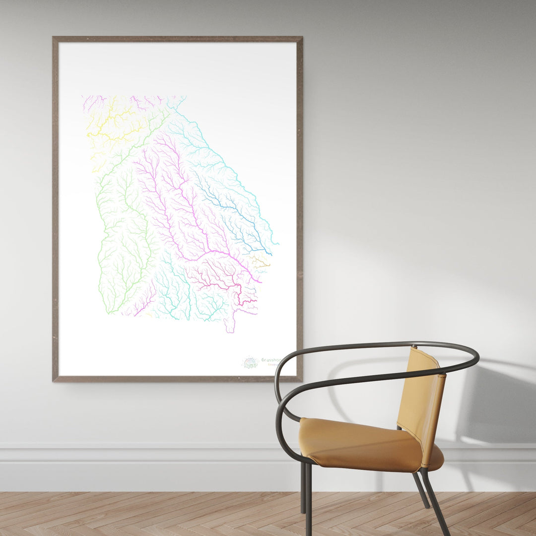 Geórgia - Mapa da bacia hidrográfica, pastel sobre branco - Impressão de belas artes