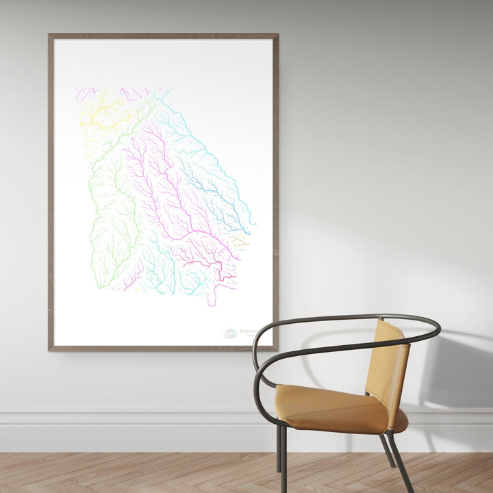 Géorgie - Carte du bassin fluvial, pastel sur blanc - Fine Art Print