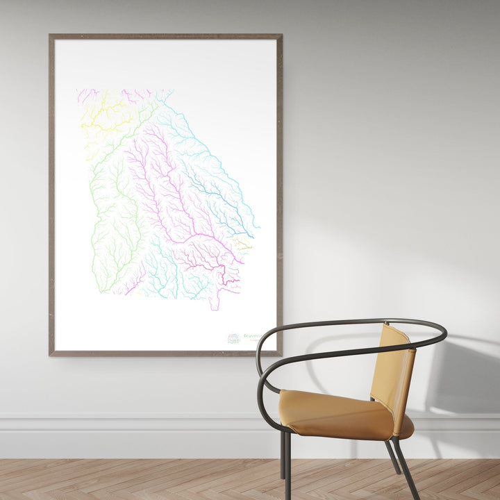 Geórgia - Mapa da bacia hidrográfica, pastel sobre branco - Impressão de belas artes