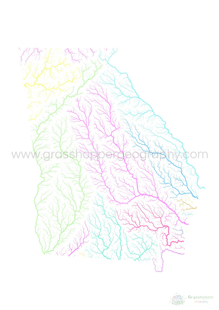 Georgia - Mapa de la cuenca fluvial, pastel sobre blanco - Impresión de Bellas Artes