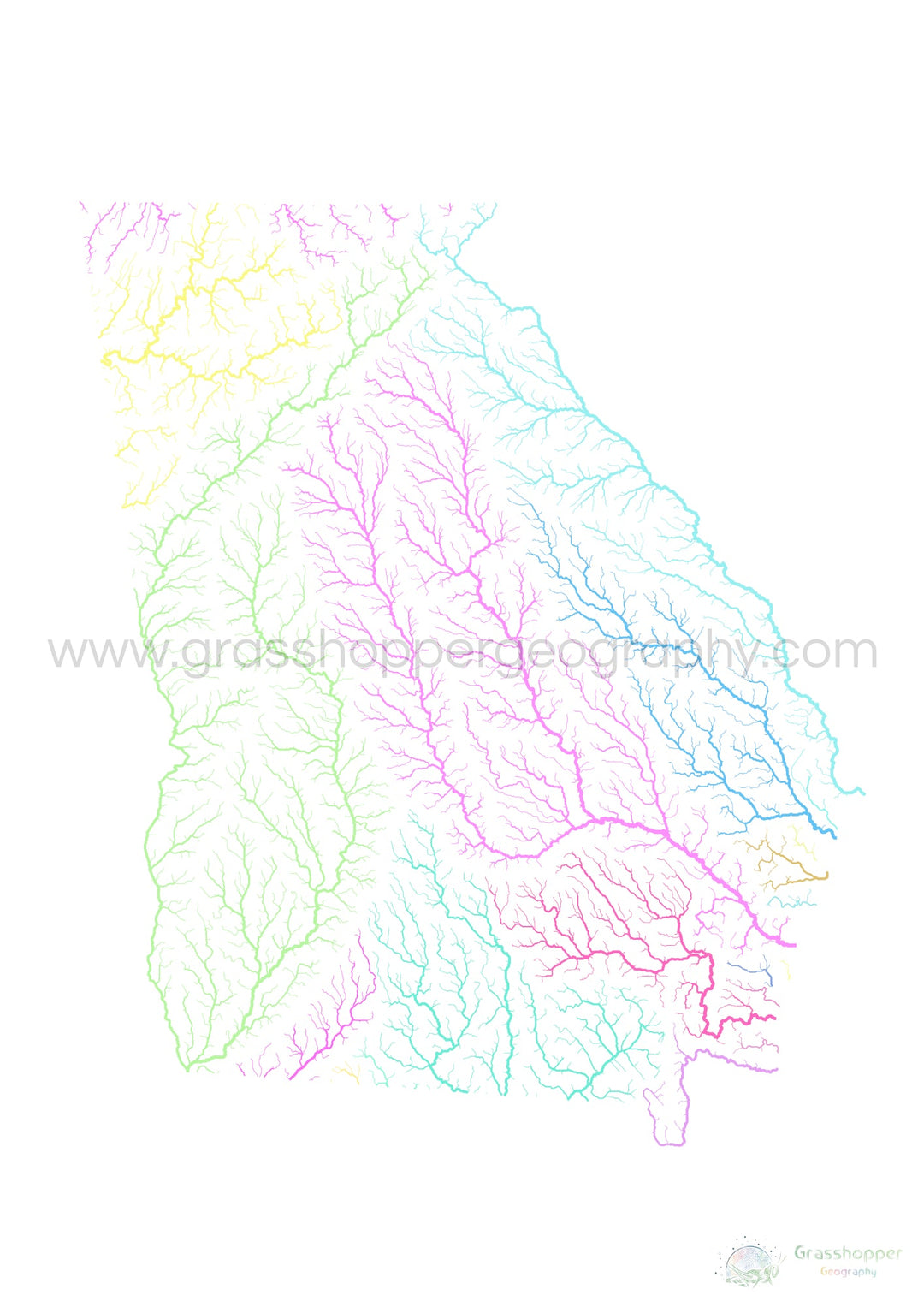 Géorgie - Carte du bassin fluvial, pastel sur blanc - Fine Art Print