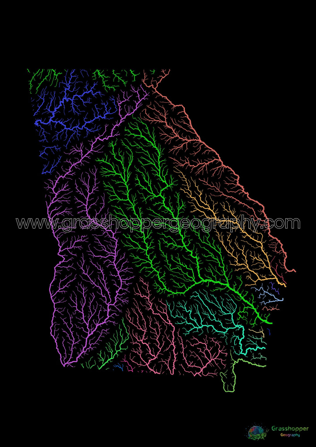 River basin map of Georgia, rainbow colours on black - Fine Art Print