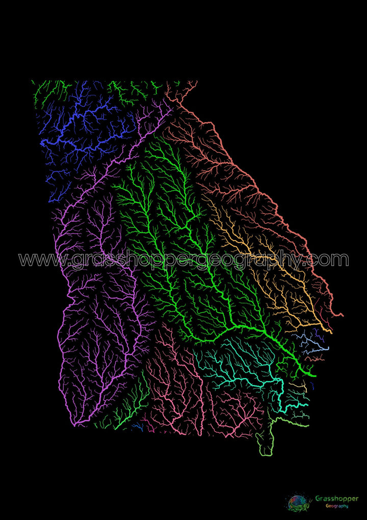 Géorgie - Carte du bassin fluvial, arc-en-ciel sur noir - Fine Art Print
