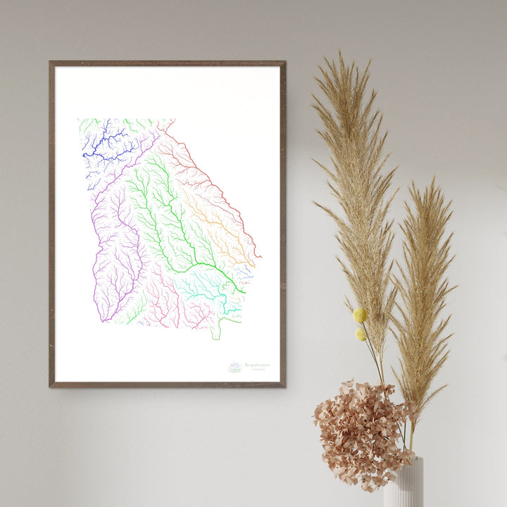 Géorgie - Carte du bassin fluvial, arc-en-ciel sur blanc - Fine Art Print