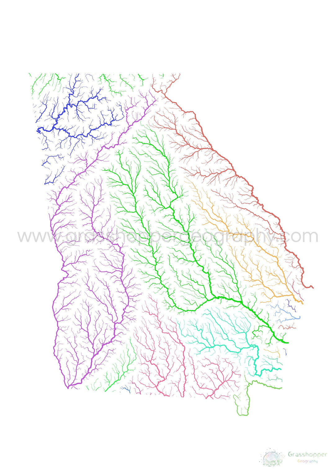 Georgia - Mapa de la cuenca fluvial, arco iris sobre blanco - Impresión de bellas artes