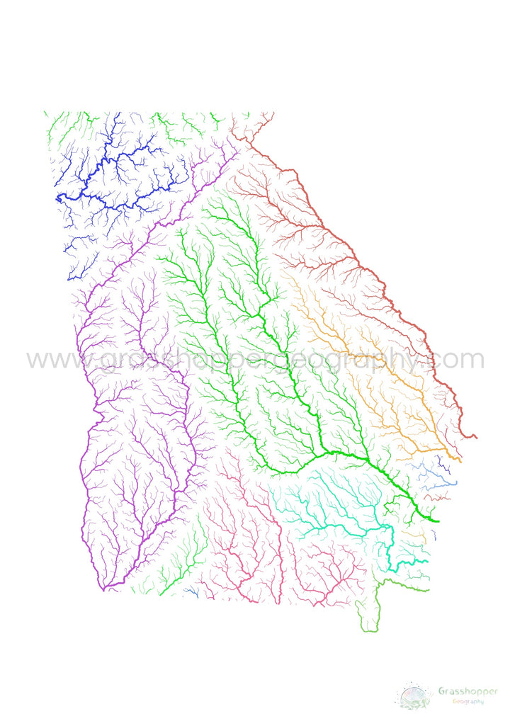 Géorgie - Carte du bassin fluvial, arc-en-ciel sur blanc - Fine Art Print