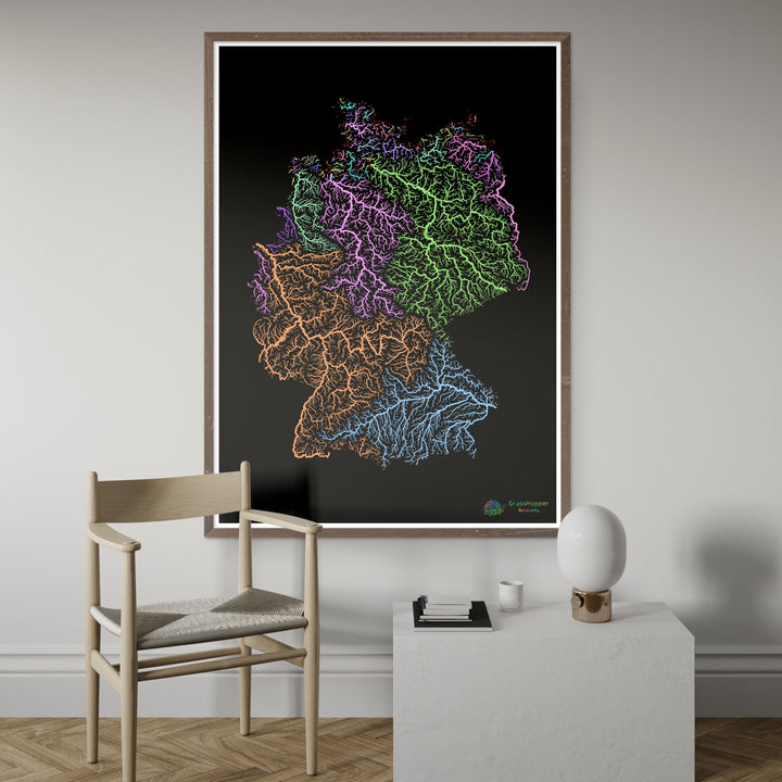 Allemagne - Carte des bassins fluviaux, pastel sur noir - Fine Art Print