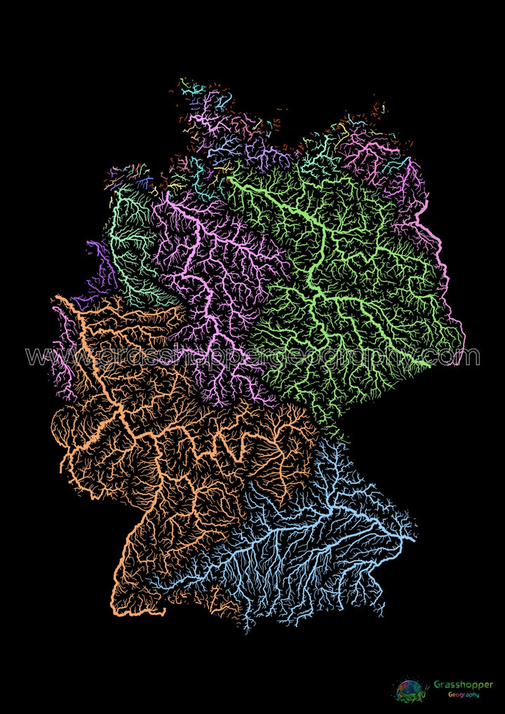 River basin map of Germany, pastel colours on black - Fine Art Print