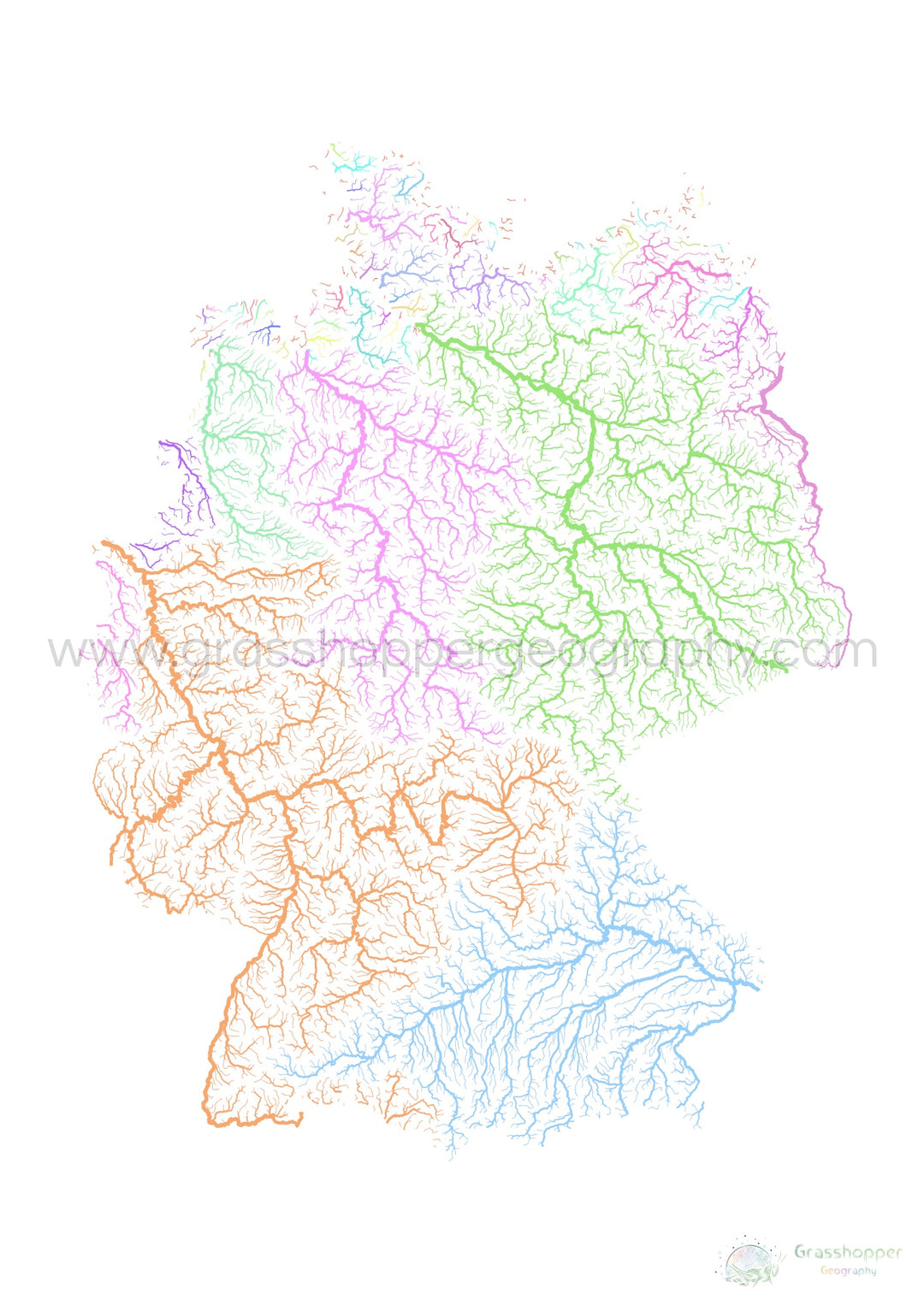Alemania - Mapa de la cuenca fluvial, pastel sobre blanco - Impresión de Bellas Artes
