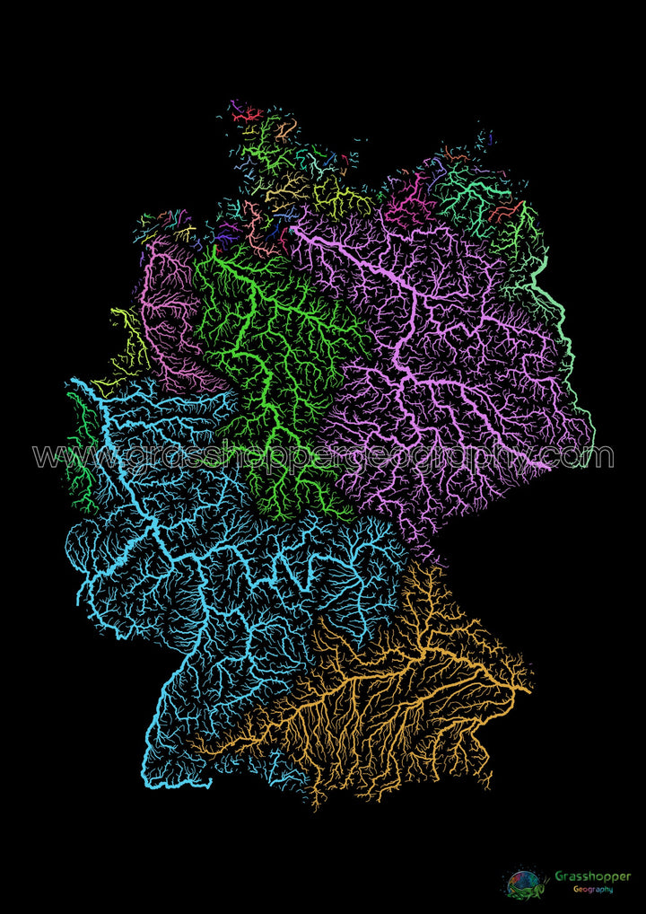 Alemania - Mapa de cuencas fluviales, arco iris sobre negro - Impresión de Bellas Artes