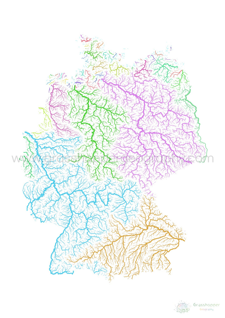 Allemagne - Carte des bassins fluviaux, arc-en-ciel sur blanc - Fine Art Print