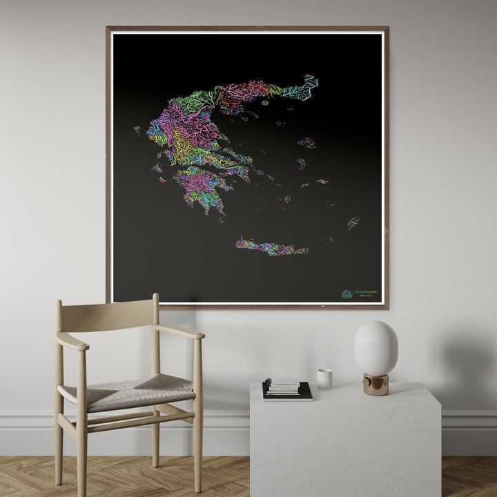 Grèce - Carte des bassins fluviaux, pastel sur noir - Fine Art Print