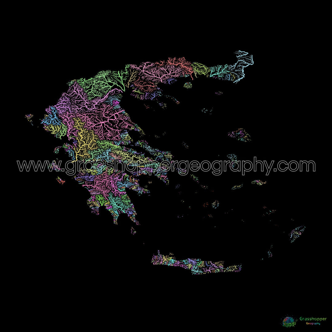 River basin map of Greece, pastel colours on black - Fine Art Print