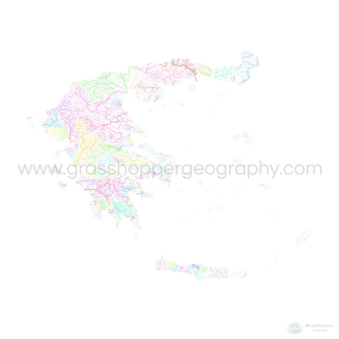 Grecia - Mapa de la cuenca fluvial, pastel sobre blanco - Impresión de Bellas Artes