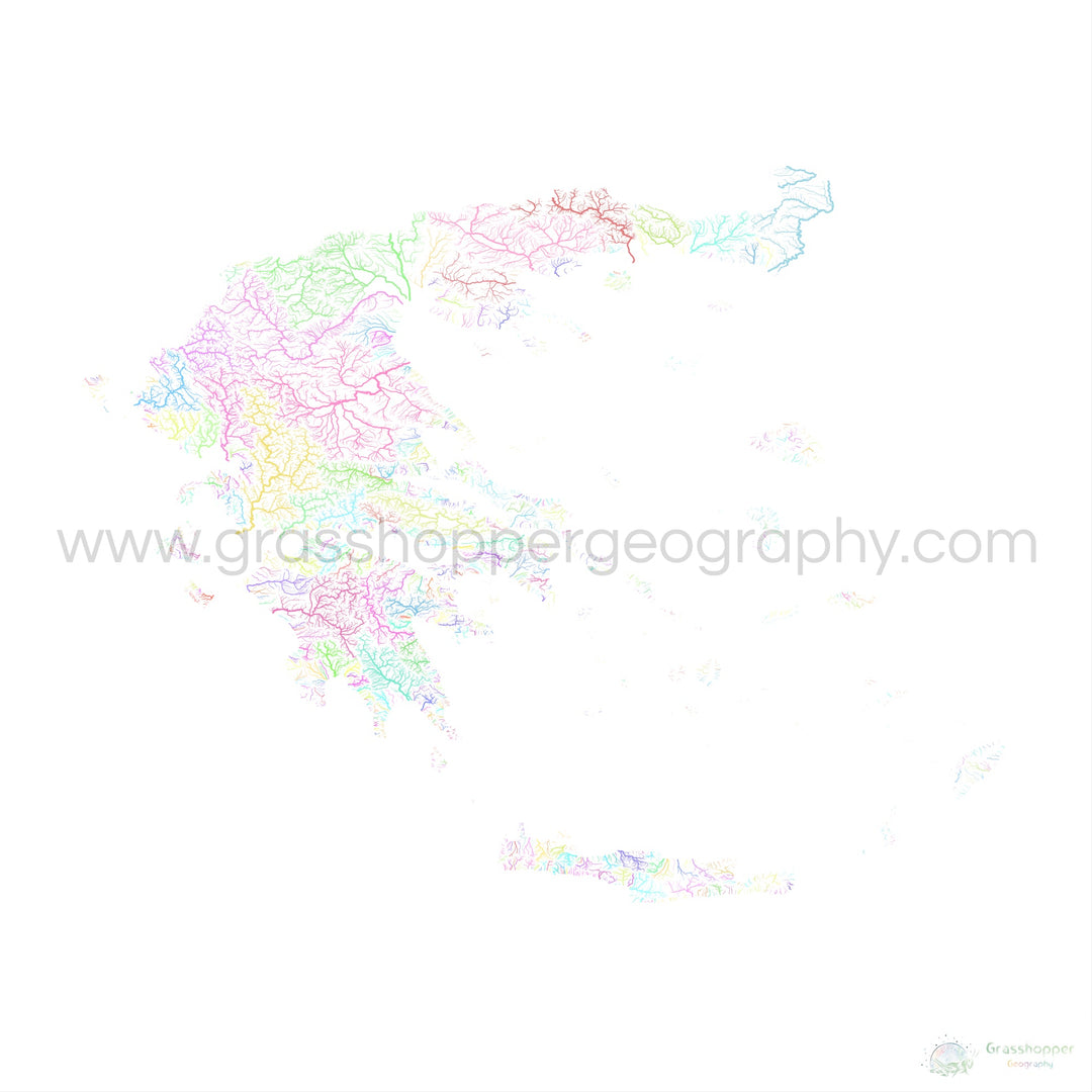 Grèce - Carte des bassins fluviaux, pastel sur blanc - Fine Art Print