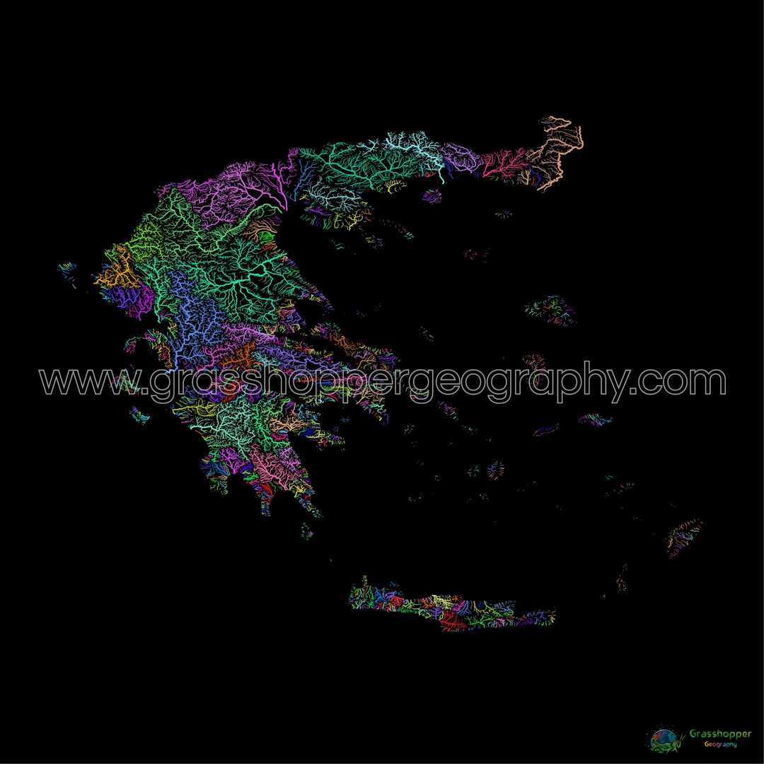Grecia - Mapa de cuencas fluviales, arco iris sobre negro - Impresión de Bellas Artes
