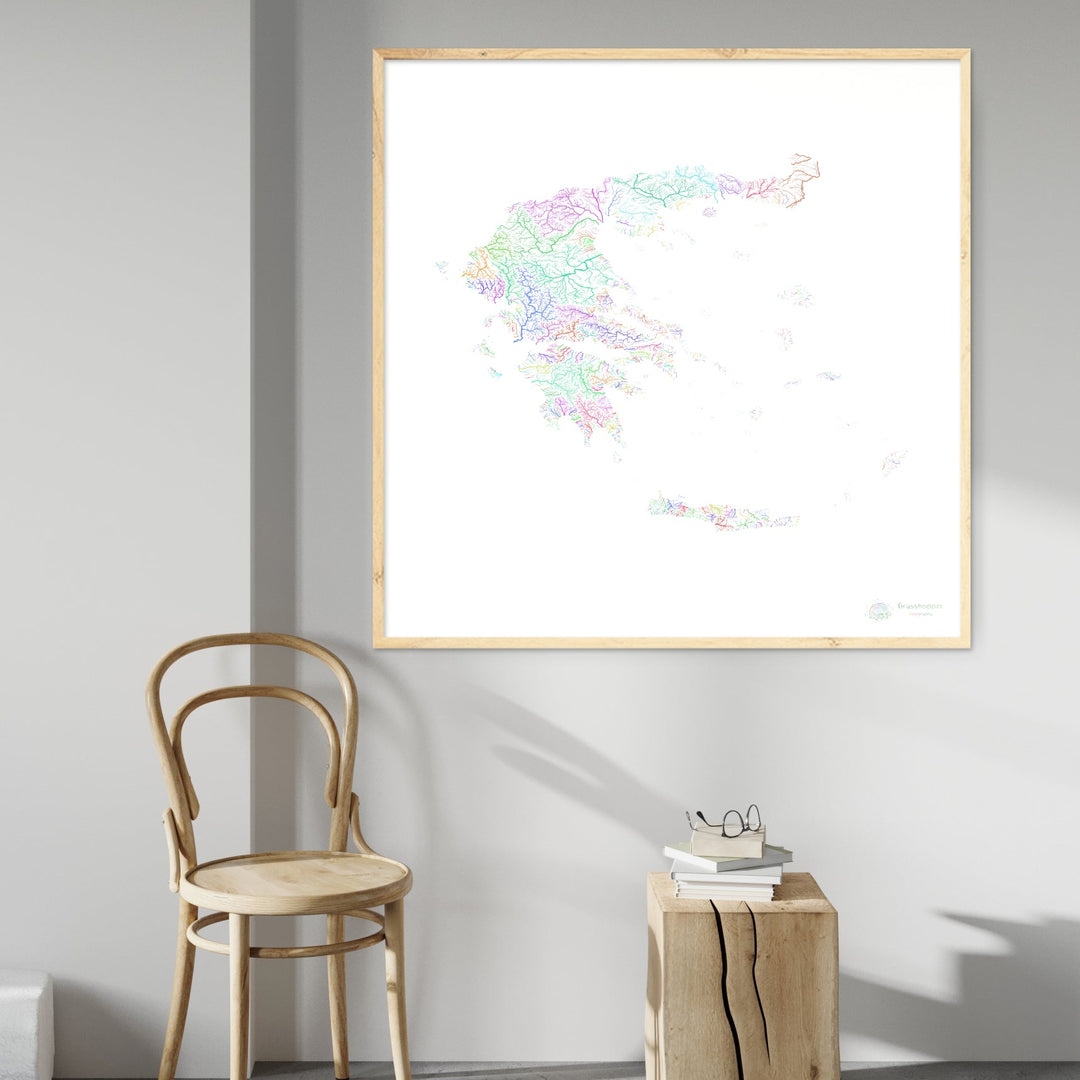 Grèce - Carte des bassins fluviaux, arc-en-ciel sur blanc - Fine Art Print