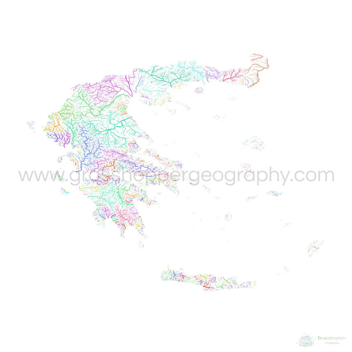 Grecia - Mapa de la cuenca fluvial, arco iris sobre blanco - Impresión de Bellas Artes