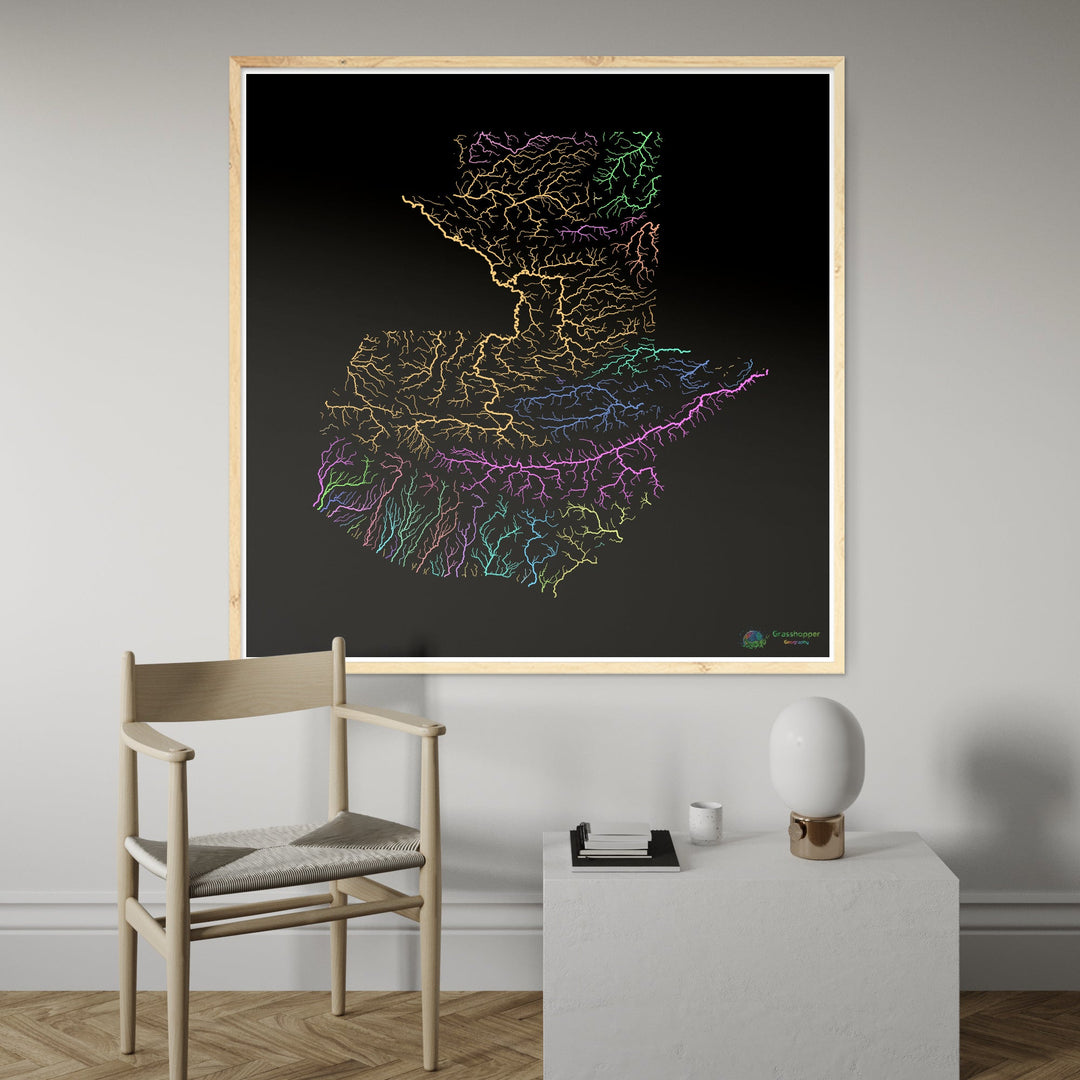Guatemala - Carte des bassins fluviaux, pastel sur noir - Fine Art Print