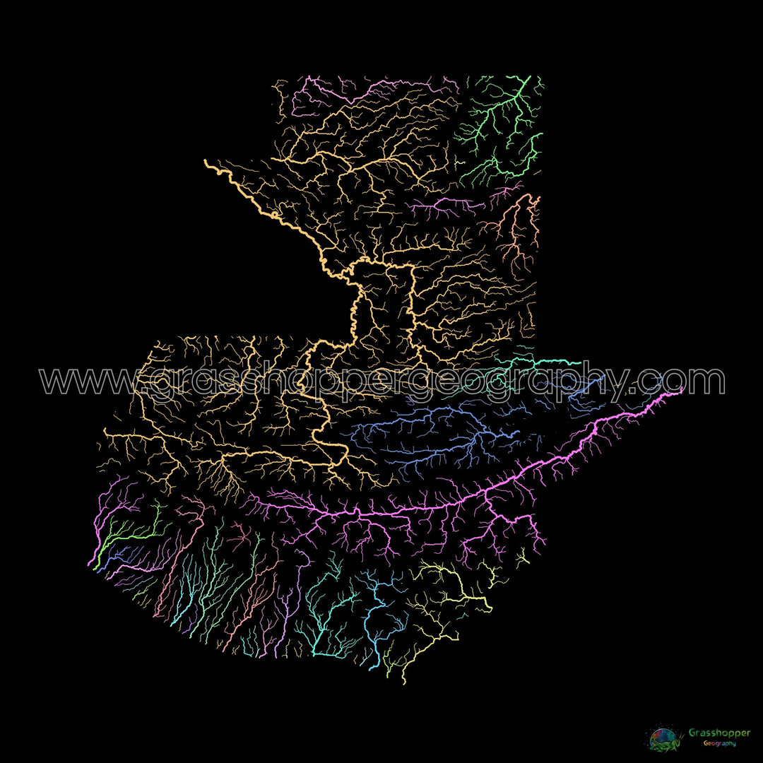 River basin map of Guatemala, pastel colours on black - Fine Art Print