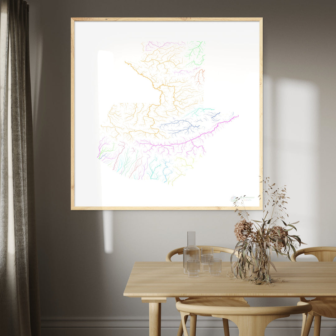 Guatemala - Carte des bassins fluviaux, pastel sur blanc - Fine Art Print