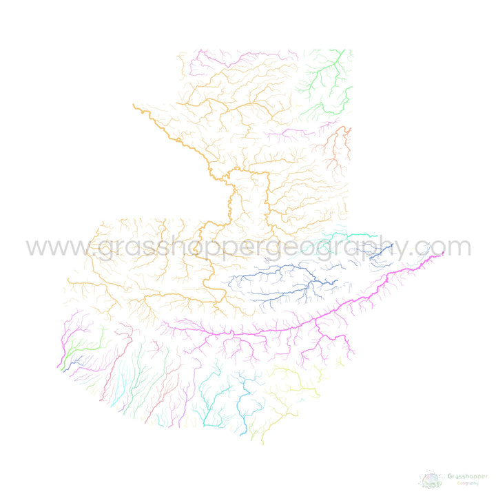 Guatemala - Carte des bassins fluviaux, pastel sur blanc - Fine Art Print