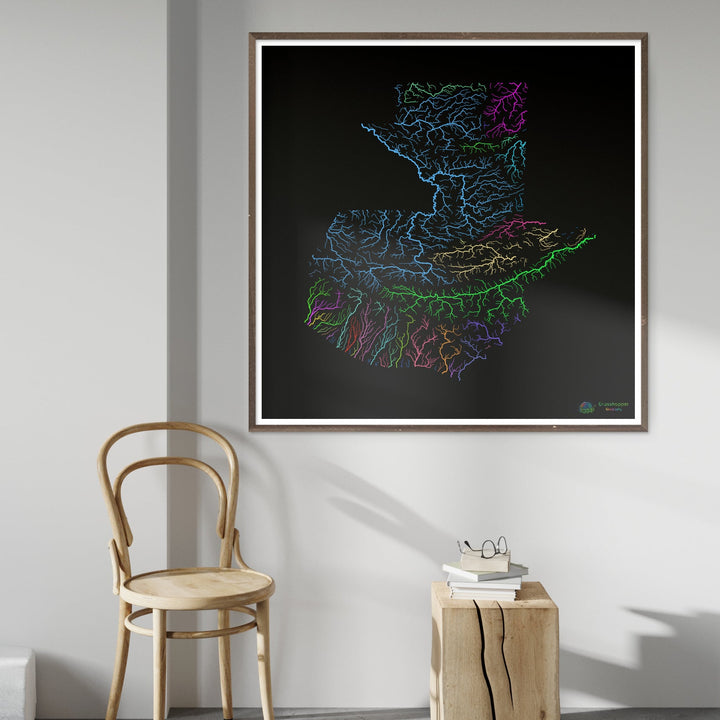 Guatemala - River basin map, rainbow on black - Fine Art Print