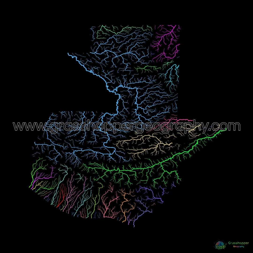 Guatemala - Mapa de cuencas fluviales, arcoíris sobre negro - Impresión de Bellas Artes