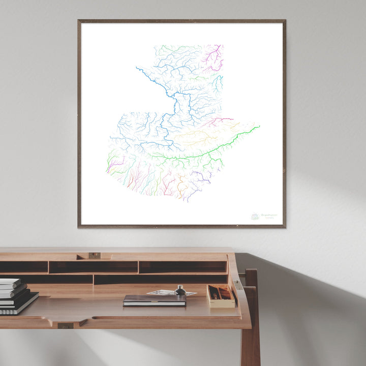 Guatemala - Mapa de cuencas fluviales, arco iris sobre blanco - Impresión de Bellas Artes