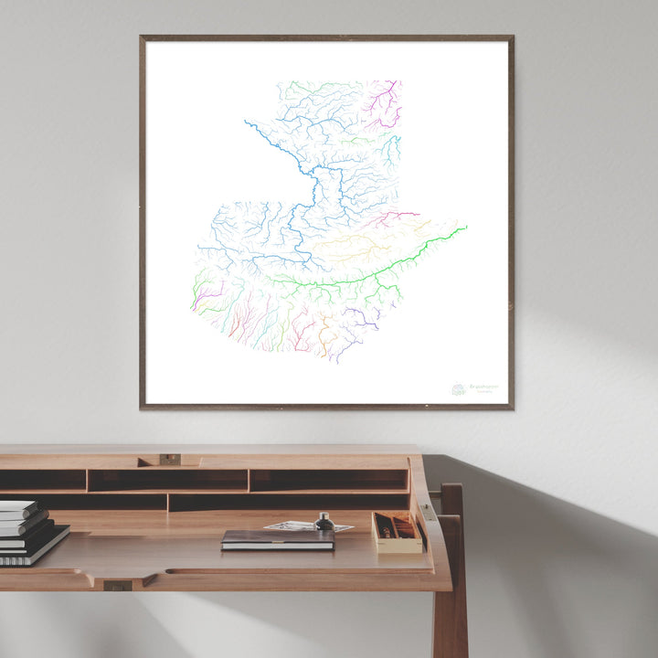 Guatemala - Carte du bassin fluvial, arc-en-ciel sur blanc - Fine Art Print